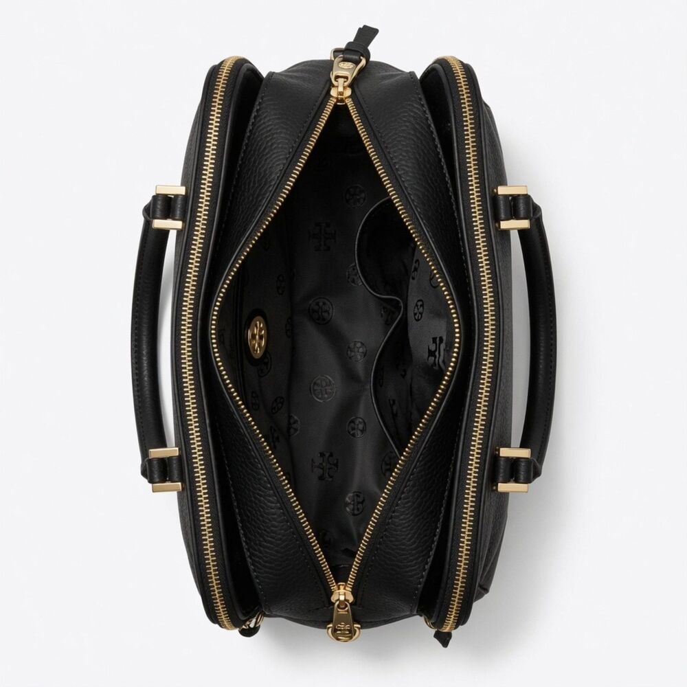 Tory Burch Thea Patent Tripple Zipper Quiet Luxury Black Embossed Logo Satchel - Picture 5 of 9